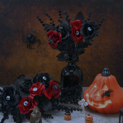 Hotop 40 Pcs Halloween Flowers with Eyeball and Spider, Fake Bouquet Bloody Black Roses Artificial Flowers with Black Eucalyptus Stems for Halloween Vase Arrangements Table Decorations