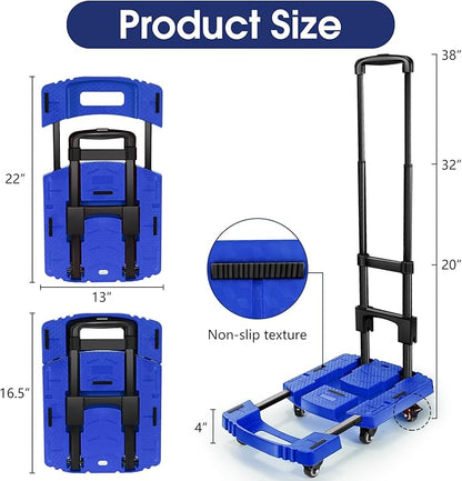 Voipvvii Folding Hand Truck 500lbs, Portable Heavy Duty Dolly Cart, 6 Wheels Collapsible Luggage Cart with 2 Elastic Ropes - Compact Trolley Cart for Easy Moving - Ideal Hand Cart for Travel and More
