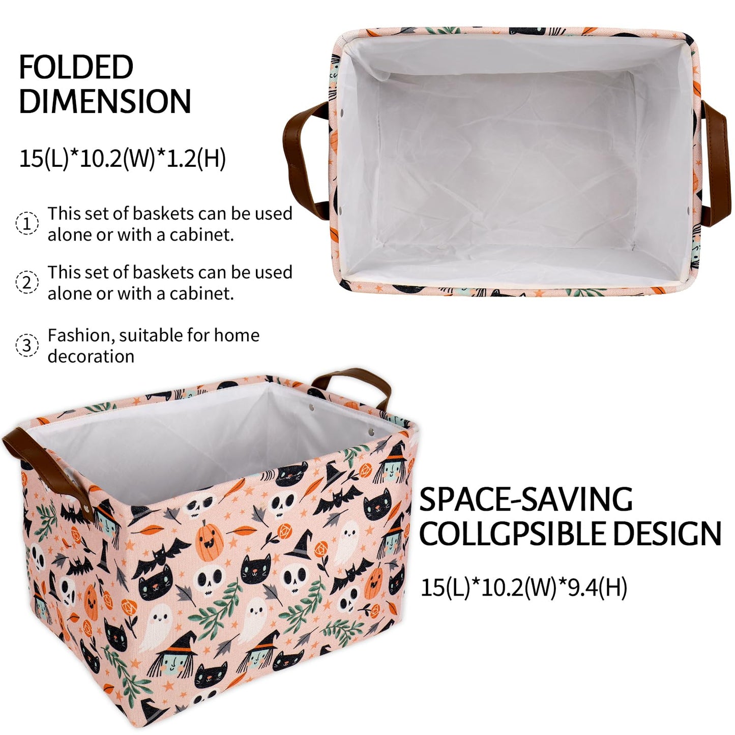 JarThenaAMCS 2Pcs Halloween Storage Basket with Handles Spooky Pumpkin Ghost Black Cat Cube Storage Bin Foldable Fabric Container Organizer Box for Home Office Dorm Closet Shelf Toy