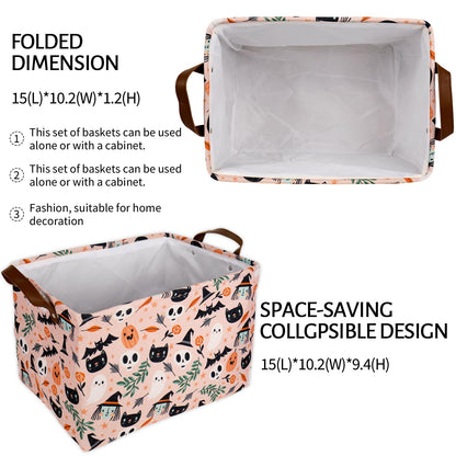 JarThenaAMCS 2Pcs Halloween Storage Basket with Handles Spooky Pumpkin Ghost Black Cat Cube Storage Bin Foldable Fabric Container Organizer Box for Home Office Dorm Closet Shelf Toy