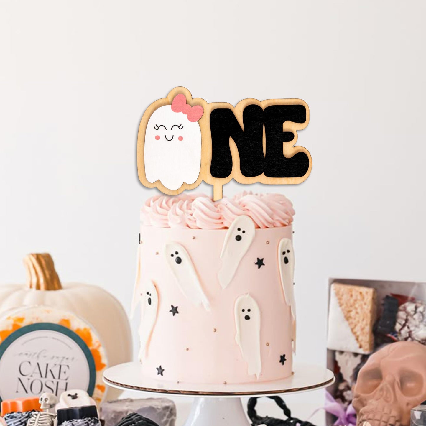 MUWEOL Spooky One Cake Topper - Halloween First Birthday Party Decoration,Little Cute Ghost With Pink Bow Wooden Cake Topper (spooky topper)