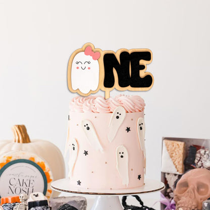 MUWEOL Spooky One Cake Topper - Halloween First Birthday Party Decoration,Little Cute Ghost With Pink Bow Wooden Cake Topper (spooky topper)