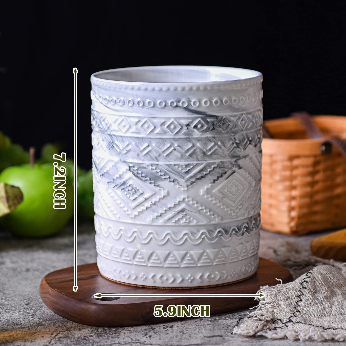 Yundu Grey Ceramic Marble Kitchen Utensil Holder for Countertop, Utensil Crock for Home Décor