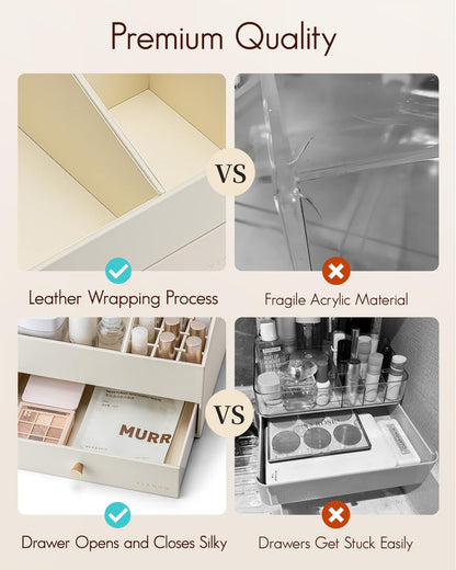 VLANDO Makeup Organzier,Vanity Organizer with Drawers, PU Leather Skincare Organizer Perfume Organizer,Large Cosmetic Display Case for Lipstick,Brushes Gifts for Women-Beige
