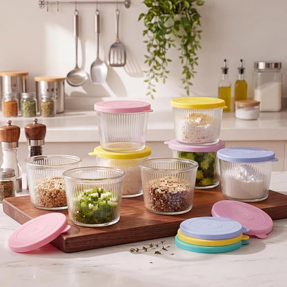 8 Sets Small Glass Bowls with Pastel Lids 6.8oz Ribbed Clear Glass Containers Stackable Dessert Custard Pudding Cups Condiment Bowls for Sauces Dips Nuts Oats Candy Dessert Cereal