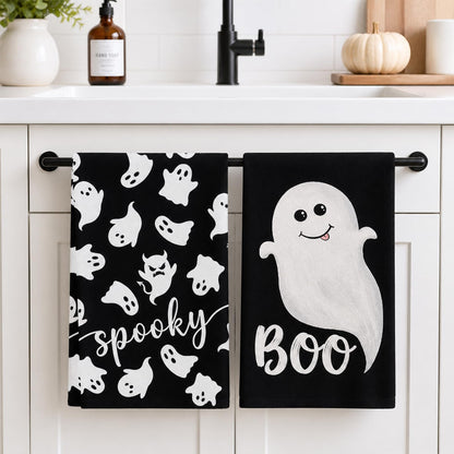 Juynyyn Black Ghost Spooky Halloween Kitchen Towels Dish Towels, 18x26 Inch Boo Decoration Hand Towels Set of 2