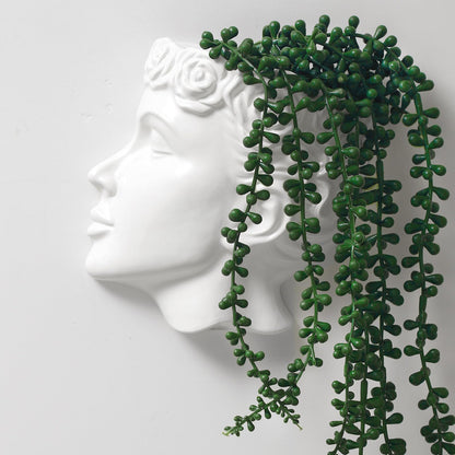 Yuccasly Side-Face Ceramic Planter – Glossy White, Wall-Hanging, with Drainage – 6.7"" Artistic Female Face Vase