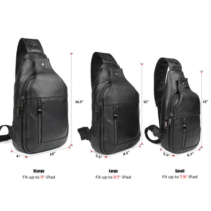 Polare Cowhide Leather Waterproof Casual Daypack Anti Theft Sling Shoulder Chest Crossbody Bag For Men (Black-Small)
