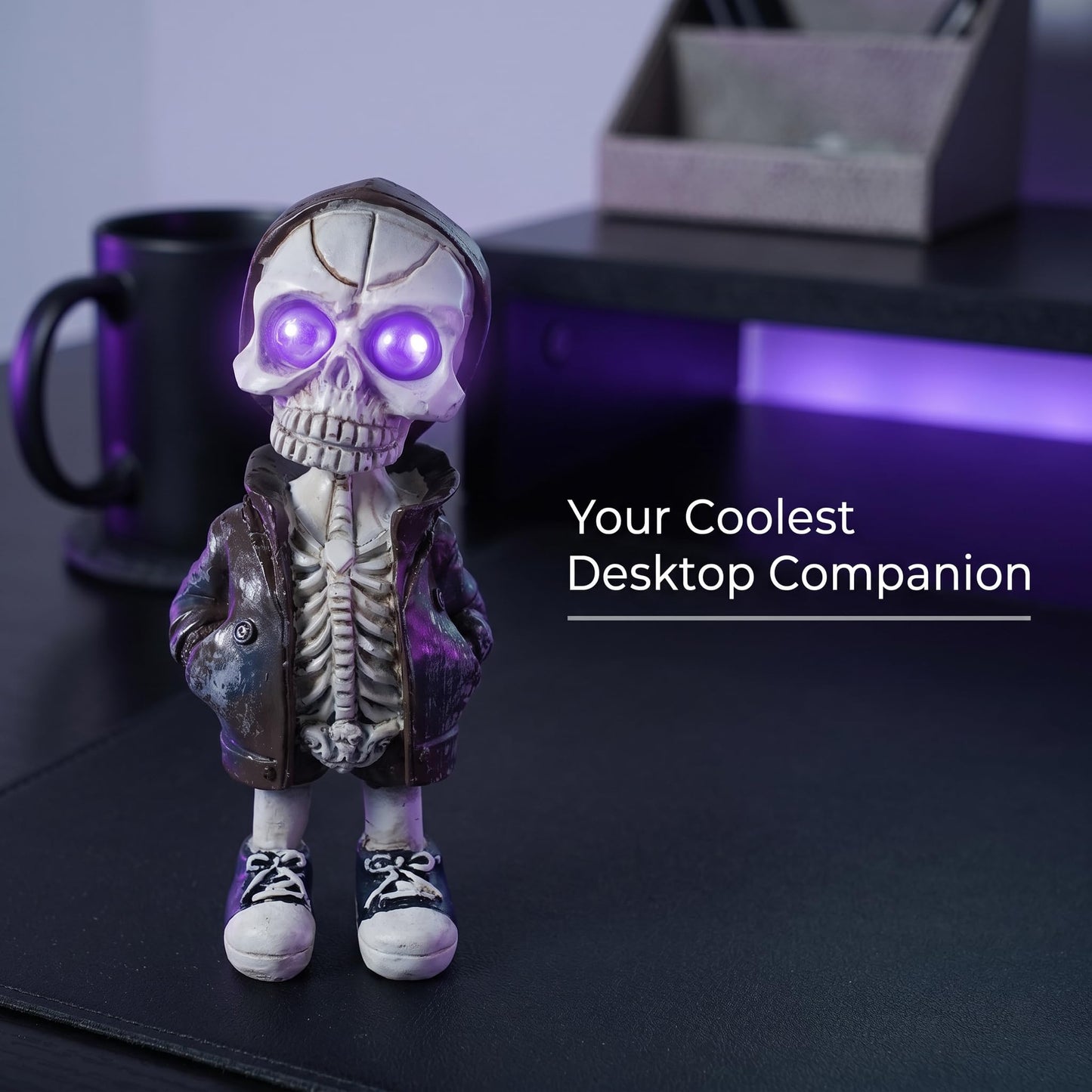 Brizoria Skeleton Decorations Skull Figurine in Hoodie with Purple Eyes Resin Gothic Tabletop Decor Small Skeleton Figure for Halloween Shelf Desk Skull Home Decor Display