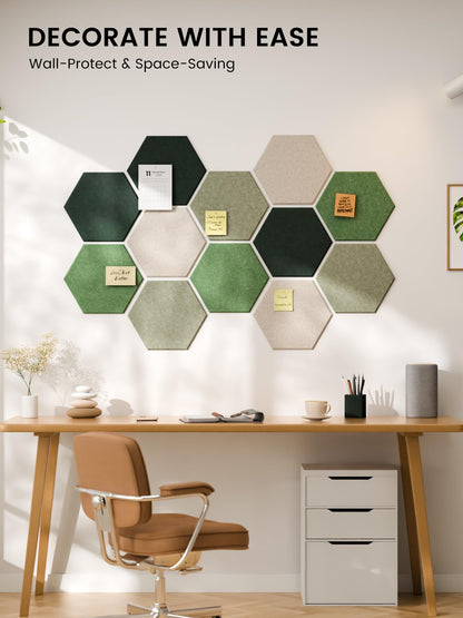 Fluxynara Hexagon Cork Board Alternative for Walls Decor-12-Pack Felt Bulletin Board Tiles,with 30 Pushpins,70 Adhesive Tabs for Office,Classrooms & Home Pin Board Felt Board-Sagewood
