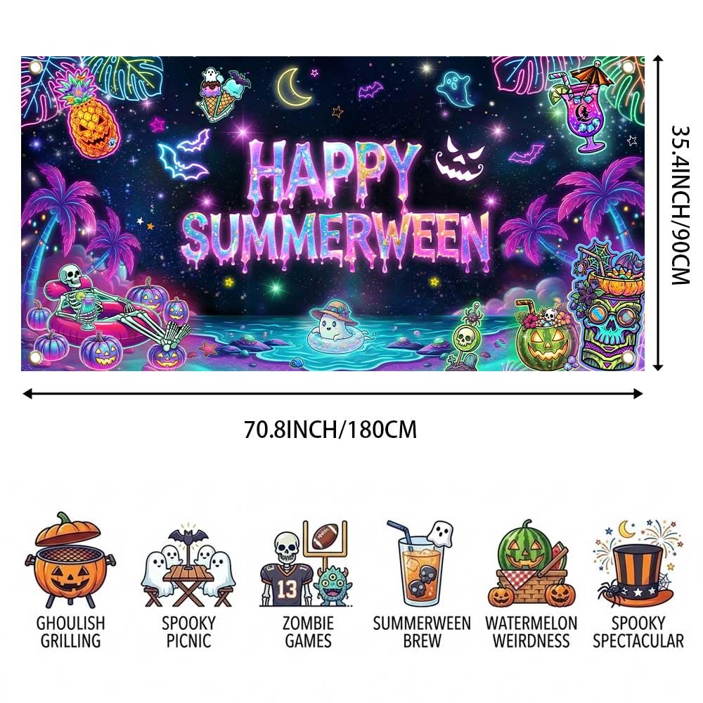 Printspree Summerween Banner Halloween Decorations - 70.8x35.4 Inch Summer Halloween Party Backdrop for Home Pink Pumpkin Tropical Palm Tree Beach Summerween Party Supplies Wall Decor