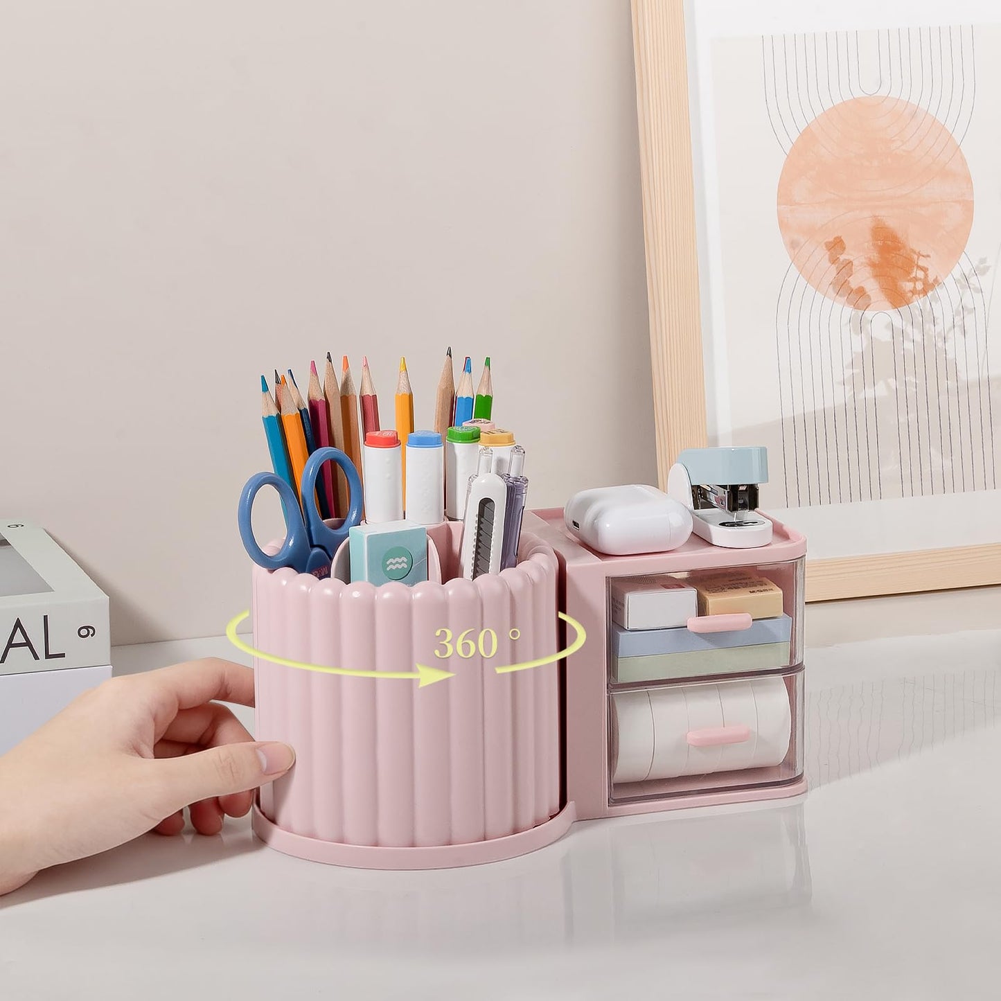 Anyoifax 360° Rotating Pen Holder 7 Slots Desk Organizer with Drawer Removable Pencil Cup Plastic Art Supplies and Accessories Desktop Storage Box Caddy for Office, School, Home (Pink)