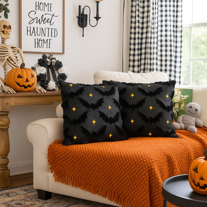 QIONG MENG Halloween Pillow Covers 18x18 Inch Set of 2 Black Bat Halloween Throw Pillow Covers Holiday Farmhouse Pillowcase Couch Cushion Case for Indoor Outdoor Home Sofa Decor