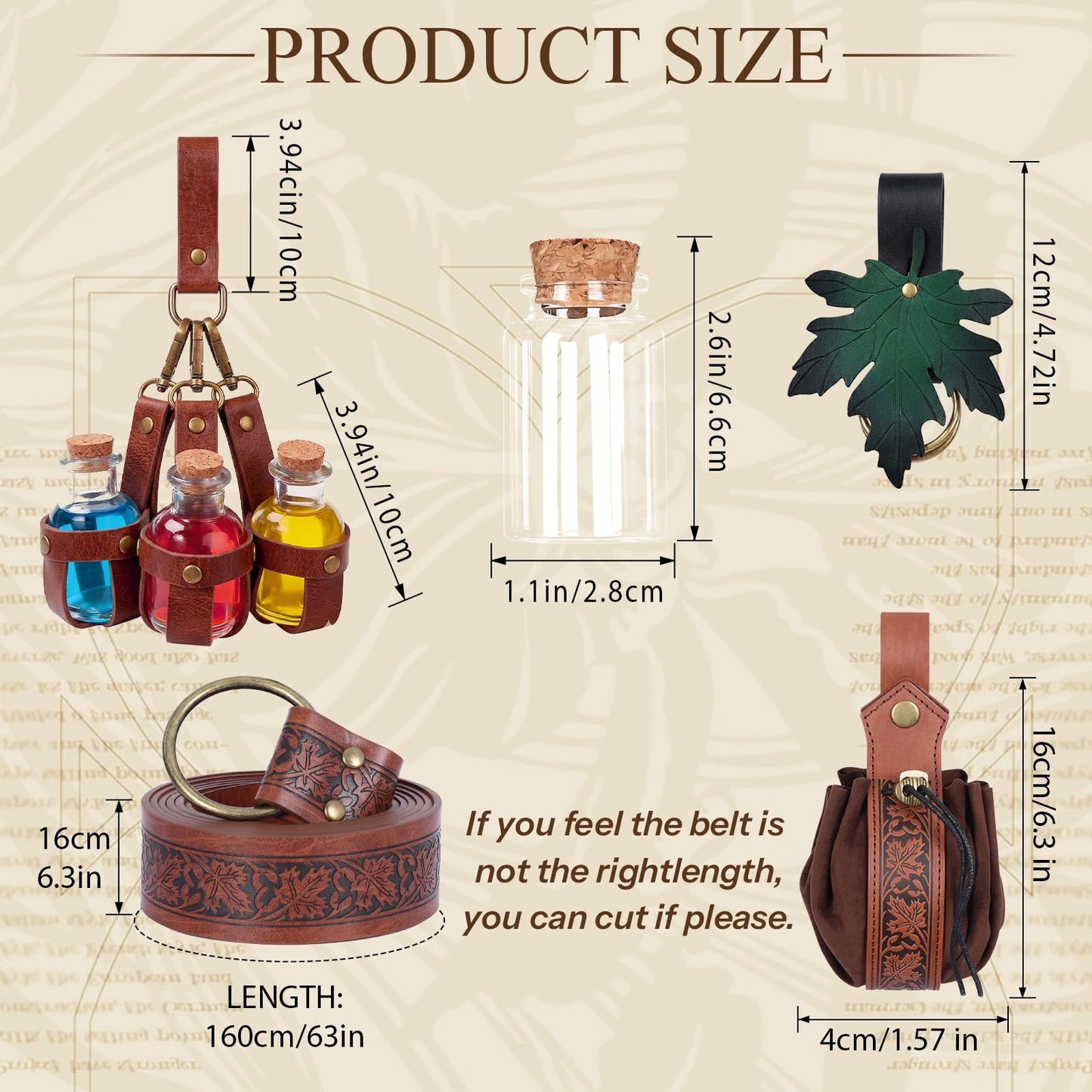 Luazuri Renaissance Belt Pouch Embossed Belt Magic Potion Bottle Skirt Hikes Medieval Halloween Cosplay Ren Faire Witch Props. (Brown B-5pcs)
