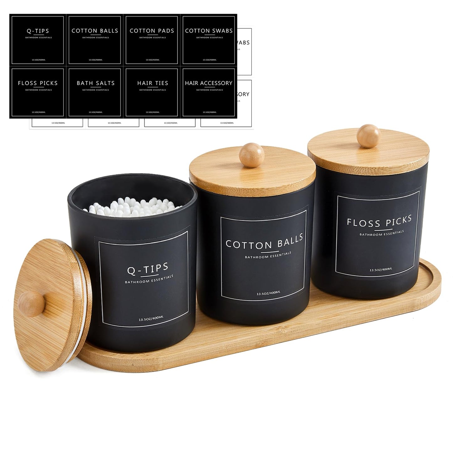3 Pack Qtip Holder Bathroom Set with Tray,13.5oz Cotton Round Ball Pad Holder Cotton Swab Floss Pick Dispenser,Bathroom Organizers and Storage Container,Glass Apothecary Jars Canisters with Lids-Black