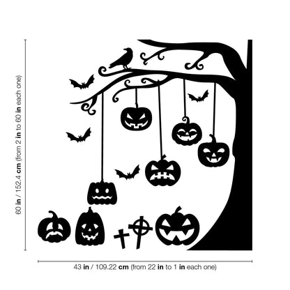 Halloween Wall Decals - Graveyard Tree & Pumpkin Vinyl Sticker - Removable Wall Decal Peel and Stick Indoor Outdoor Halloween Decorations for Home, Office, School, Doors and Windows - Black