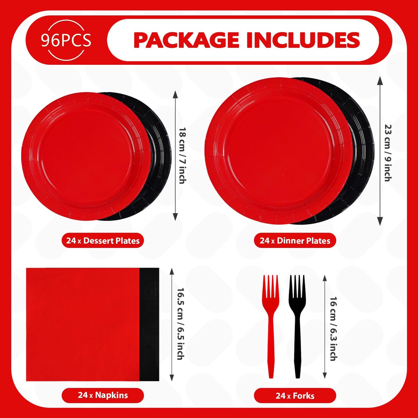 98 Pcs Red and Black Party Supplies Graduation Black and Red Paper Plates Napkins Forks Tablecloths Stranger Tableware Set for Congrats Grad Fiesta Holiday Birthday Wedding Party Decorations Serves 24