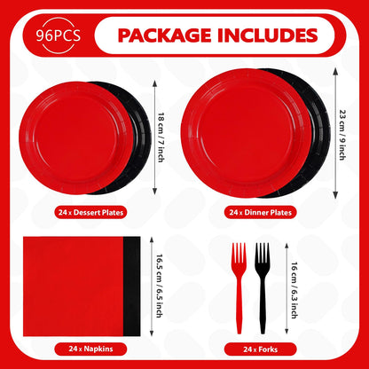 98 Pcs Red and Black Party Supplies Graduation Black and Red Paper Plates Napkins Forks Tablecloths Stranger Tableware Set for Congrats Grad Fiesta Holiday Birthday Wedding Party Decorations Serves 24