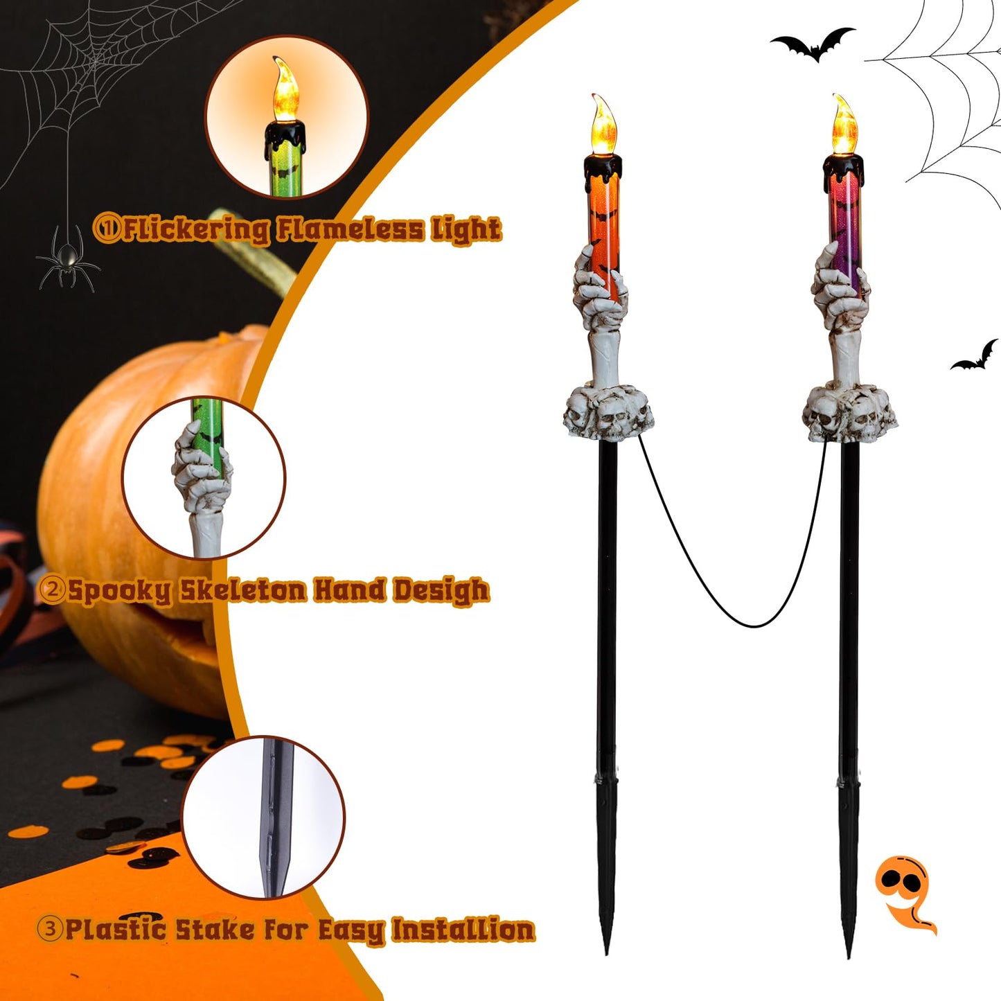 YBB 5 Pack Skeleton Stake Pathway Lights, Ghost Hands Skull Candle Battery Operated Stake Lights for Halloween Outdoor Garden Lawn Yard Landscape Decoration