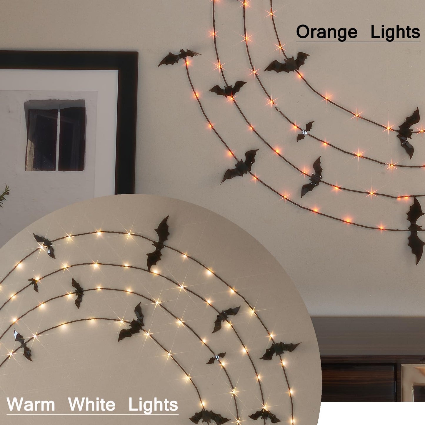 LITBLOOM Halloween Garland with Lights 6FT 80 Orange and Warm White Fairy Lights, Lighted Black Garland Battery Operated with Timer Lit Bats for Wall Porch Decoration (2 Pack)