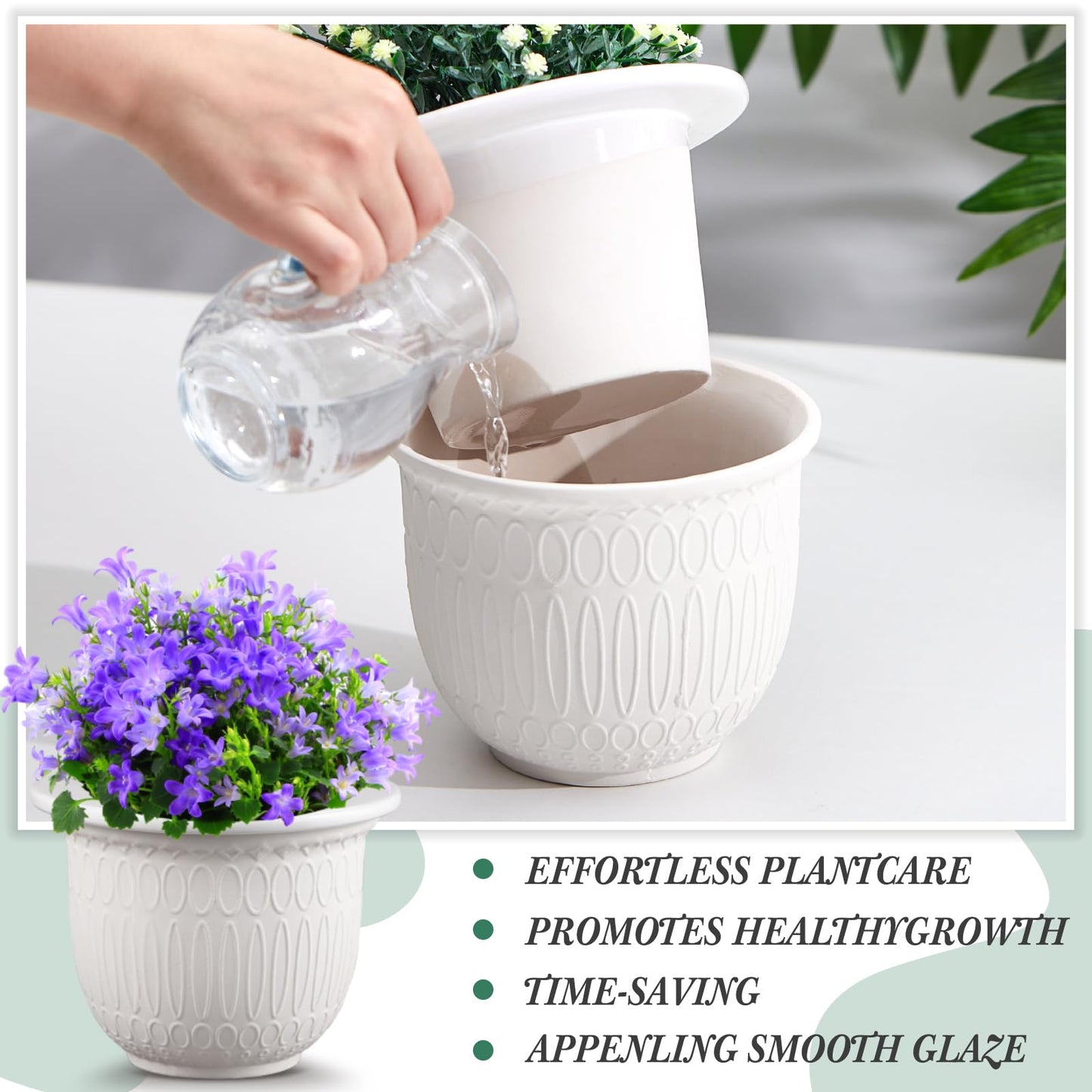Romooa 1 Set African Violet Pots Self Watering, 7 Inch White Ceramic Dolomite Clay, Easy Effortless Planter Pot for Indoor Plants Herbs Flowers Orchids Succulent, Ideal Gifts, Plant Not Included