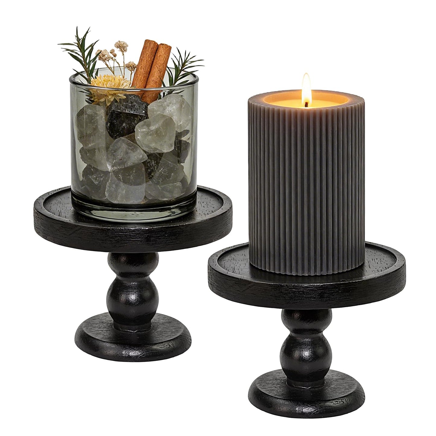 Yleuuiry Black Wood Candle Holder Tray Set of 2 – Rustic Farmhouse Pillar Candle Holders for Fireplace Mantel, Dining Table Centerpiece Decor