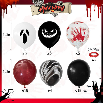 Halloween Bloody Balloons 12 Inch 51 Pcs Red and Black Scary Balloons with Ghost Expression Print Balloon Crimson Vivid Red Blood Hand Marble Balloon for Spooky Haunted House Scream Creepy Decor