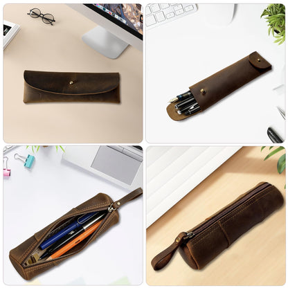 ququfortuna leather pencil case set -2pcs full grain leather zippered pen pouch bag, handmade stationery storage, elegant gift with high-end pencil pouch (brown set) (SET)