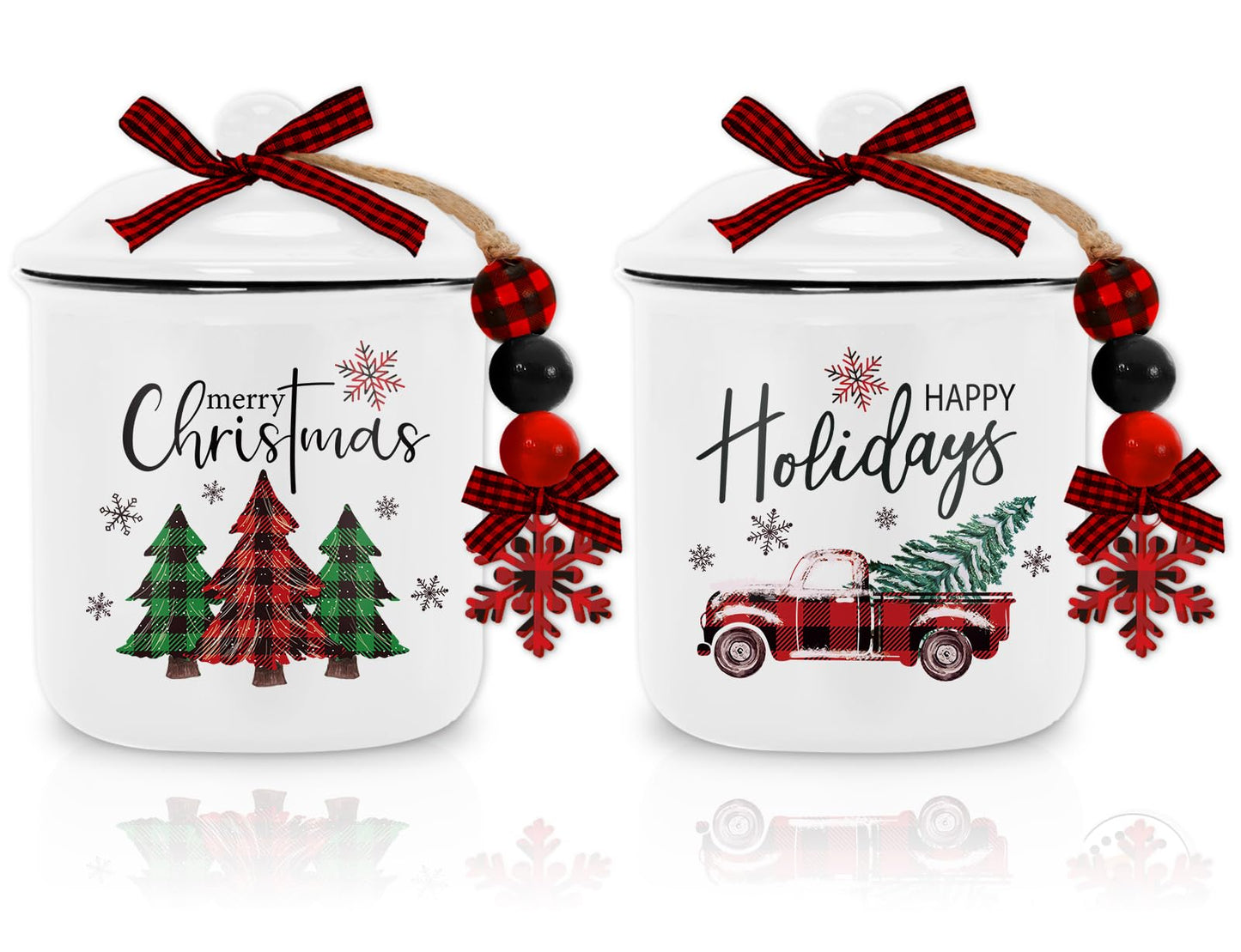 Whaline 2Pcs Christmas Mini Ceramic Canister Red Green Plaid Xmas Tree Truck Snowflake Mini Jar Holiday Candy Holder with Lid Bow for Xmas Winter Home Decor Storage Accessory