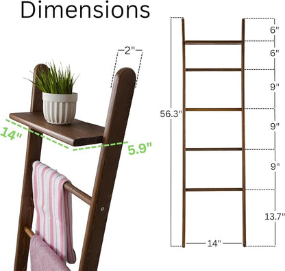 Solid Pine Wood Blanket Ladder for Living Room Bathroom Organizer Shelves, 7-Tier 5-Tier Freestanding Shelf, Freestanding Towel Rack Extra Storage, Wall-Leaning (Walnut, Medium)