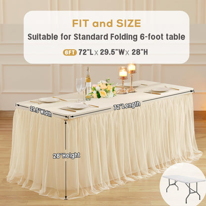 6ft Champagne Tulle Tablecloths for Rectangle Tables Stretch Rectangular Table Cloths Wrinkle Free 6 Foot Spandex Table Cover with Tutu Skirt for Wedding Birthday Party Banquet Buffet Cake Desk Skirt