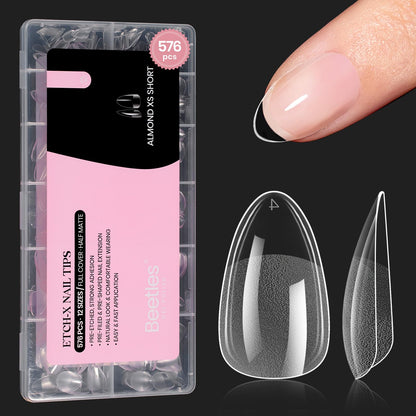 Beetles Gel Nail Kit Short Almond with Nail Dehydrator and Primer, 576Pcs Half Matte Etch-X Gel Nail Tips Solid Nail Glue Mini Nail Lamp Acrylic Nail Tips Easy DIY Nail Extension Set Gift for Women