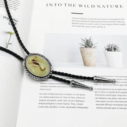 JPJZY BRBAM Minimalist Style Natural Stone Bolo Tie Oval Gemstone Pendant with Striped Border Leather Necktie for Men and Women Scorpion Luminous