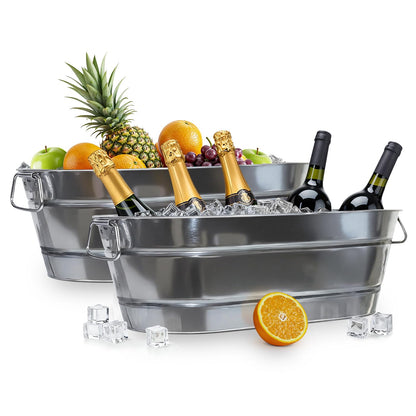 PLEXON Metal Ice Bucket for Parties - Galvanized Tub with Handles - Beverage Tub - Ice Bucket for Cocktail Bar Restaurant - Drink Beer Champagne Chiller Cooler - 5.3 Gallon (20L), Set of 2