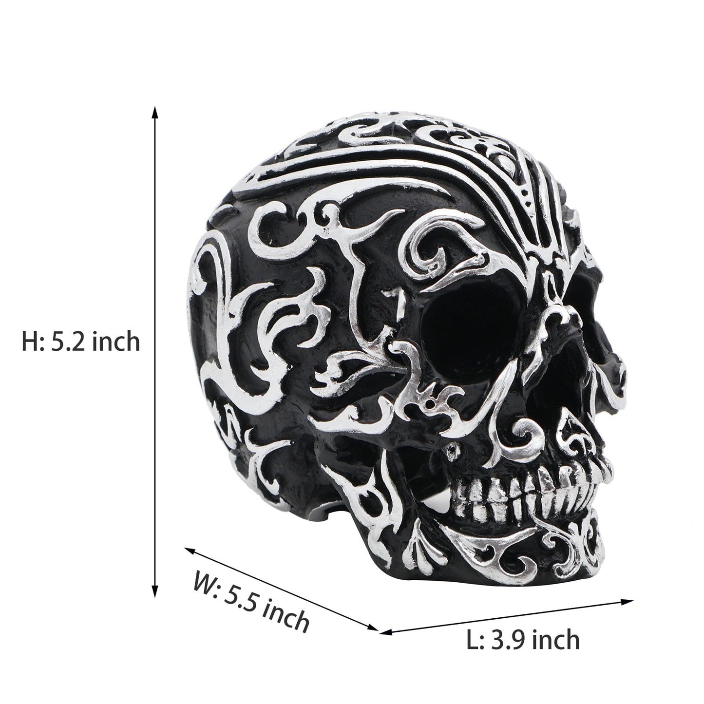 Kreovaor Gothic Skull Head Home Decor - 5.2 Inch Gothic Skeleton Skull Decor with Silver Patterns, Halloween Skull Decoration for Home, Office Desk, and Spooky Party Decor