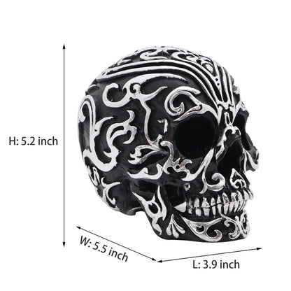 Kreovaor Gothic Skull Head Home Decor - 5.2 Inch Gothic Skeleton Skull Decor with Silver Patterns, Halloween Skull Decoration for Home, Office Desk, and Spooky Party Decor