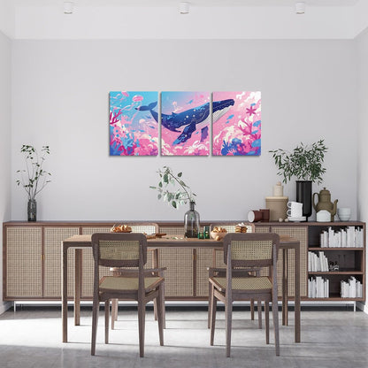 Feelyou Pretty Whale 3 Piece Canvas Wall Art for Living Room Bedroom Pink Blue Ocean Wall Art for Home Decor Jellyfish Office Wall Decor Dreamy Ocean Wall Painting