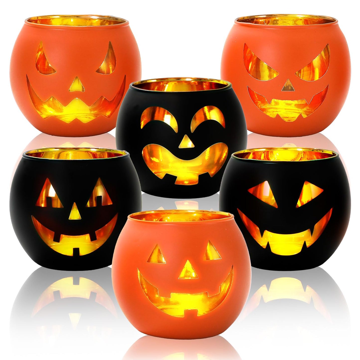Whaline 6Pcs Halloween Candle Holder Black Orange Pumpkin Face Candlestick Glass Holder for Home Party Table Centerpiece Decor Supplies