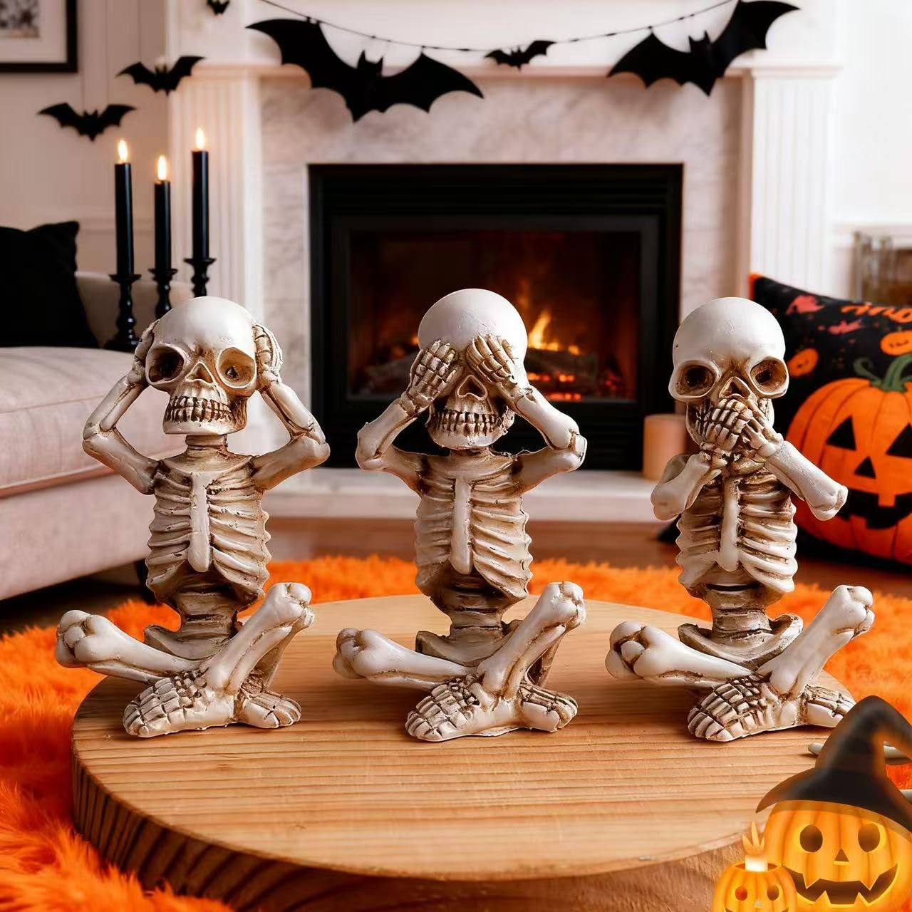 EMINGSKY 3 Pcs Halloween Skull Figurine Hear See Speak No Evil Baby Skeleton Figurine 4.8 Inch Resin Home Decor for Cemetery Desk Bookshelf Office