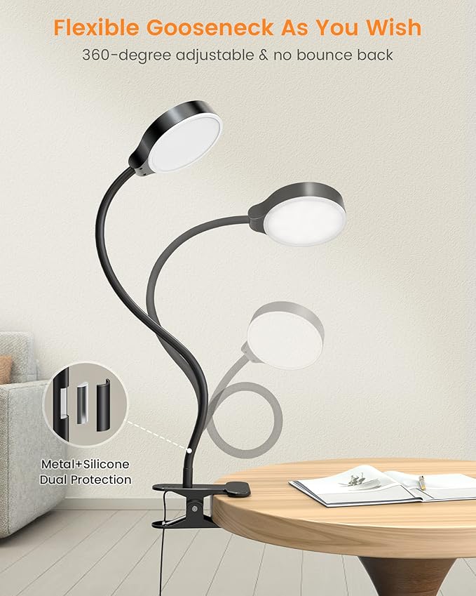 Glocusent 5W 36 LED Reading Clip on Light for Bed, Eye Caring Bed Lamp, 3 Colors & 5 Brightness Levels for Headboard with Adapter, Perfect for Reading, Working & Studying (Black)