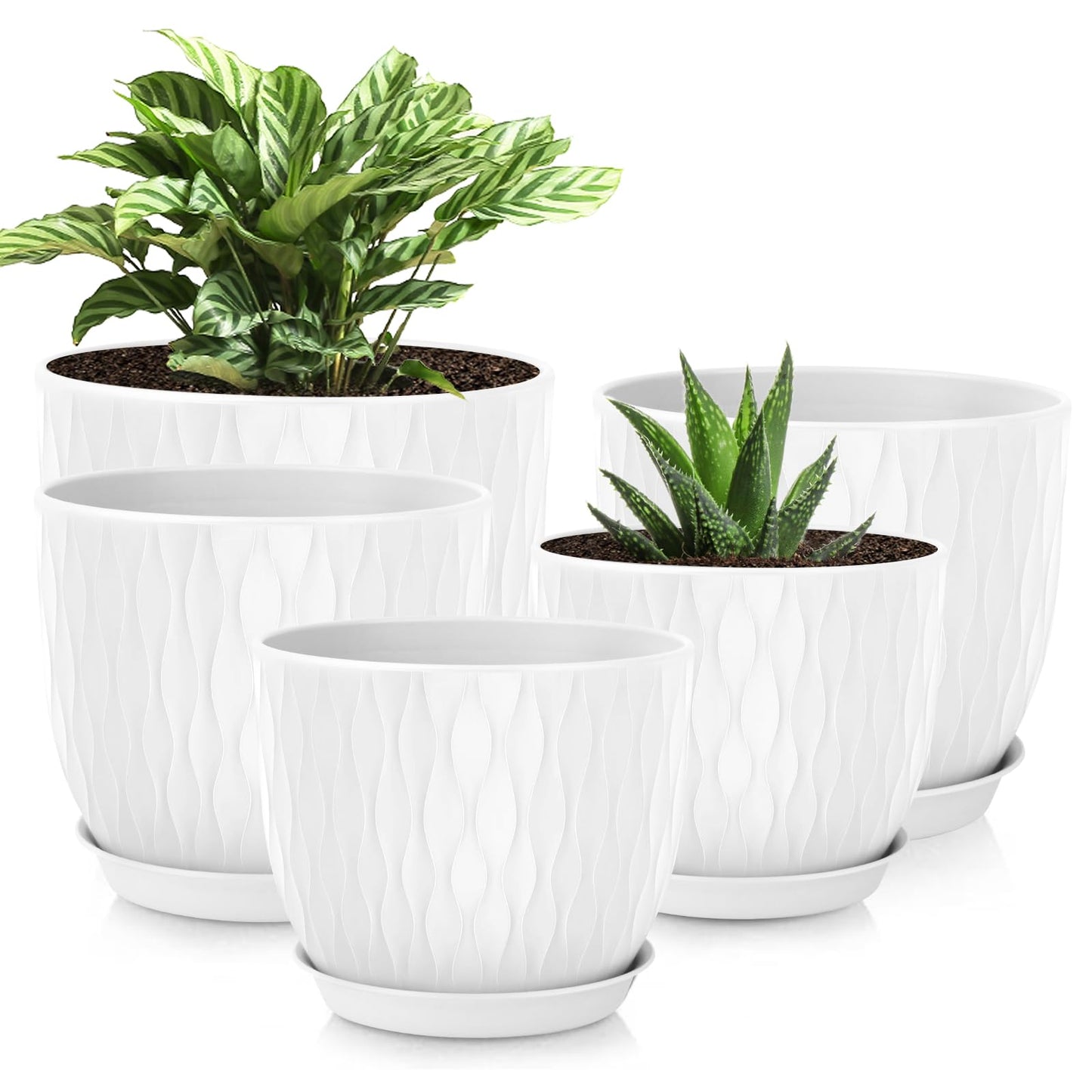 LESOASIS Plastic Plant Pots 10/9/8/7.5/7 inch Set of 5, Flower Planters with Drainage Holes and Saucers, Plastic Pots for Indoor Outdoor Plants, Livingroom Garden Decor (White)