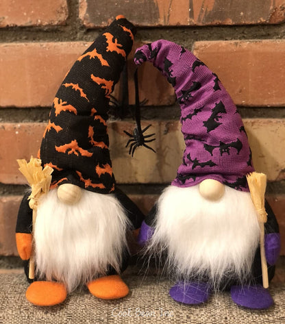 Halloween Gnome 2-Pack – Handmade Orange & Purple Figures with Wooden Broom – 10 Inch Tall Funny Halloween Decoration for Home by Cool Bean Inc