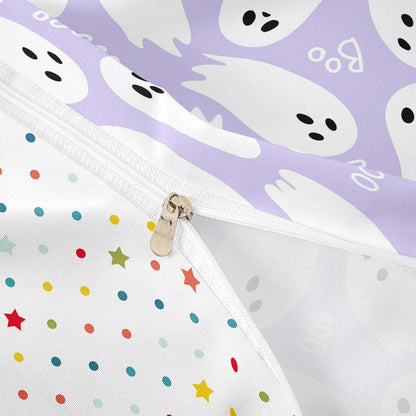 Purple Cartoon Style Duvet Cover Queen Size Halloween Theme Comforter Cover with 2 Pillowcases for Teens Adults Kawaii Ghost Bedding Set 3 Pcs Decorative Bed Cover(No Filler)