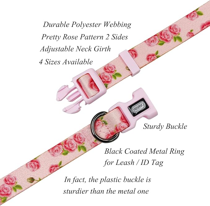 Dog Collar Leash Set, Floral Pattern, Polyester Material, Adjustable Collar and 5ft Matching Leash, for Puppy Dogs.(XS, Pink Rose)