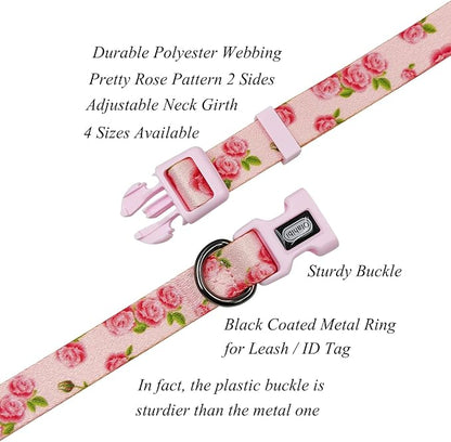 Dog Collar Leash Set, Floral Pattern, Polyester Material, Adjustable Collar and 5ft Matching Leash, for Small Dogs.(S, Pink Rose)