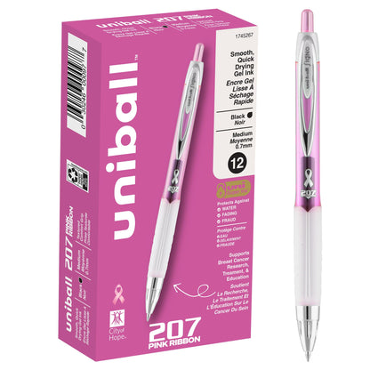 uniball 207 Pink Ribbon Retractable Gel Pens, Medium Point (0.7mm), Black, 12 Pack