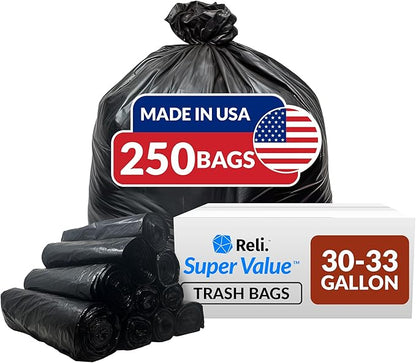 Reli. 30-33 Gallon Trash Bags Heavy Duty | 250 Count Bulk | Black Large Trash
