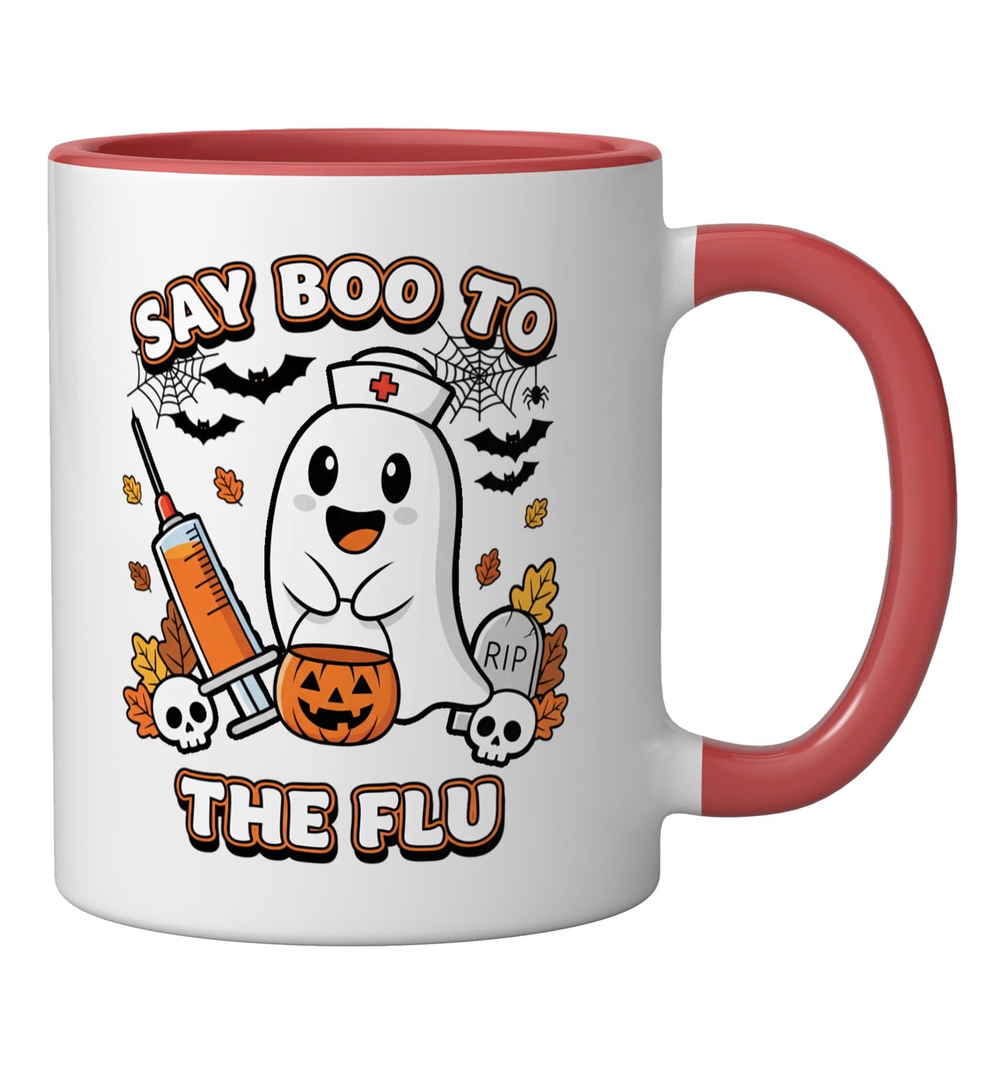 Doctor Say Boo To The Flu Halloween Vaccine Squad Ceramic Mug, Red/White