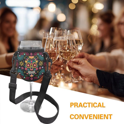WHOSGNIHT Skull Flower Print Wine Glass Sleeve Large Neoprene Stemless Wine Glass Insulator Lanyard Hand Free Drink Holder with Neck Strap for Cocktail Festival