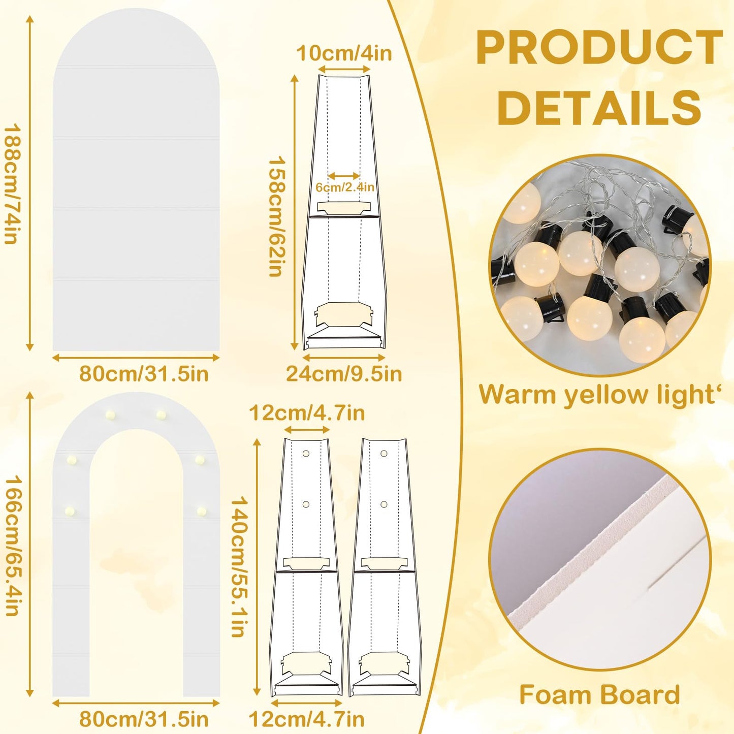 White Arch Backdrop Stand with Lights, Balloon Arch Frame, Foam Board Arch for Graduation, Birthday, Wedding, Baby Shower & Party Decorations